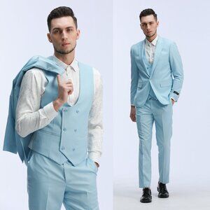 Men's Skinny-Fit 3-Piece Suit w/ Double-Breasted Vest, Baby Blue